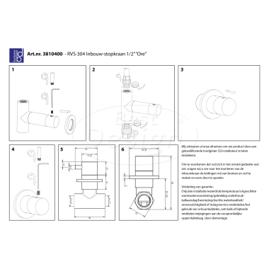 "Ore" inbouw-stopkraan 1/2" RVS-304 - Artikelnr.: 3810400