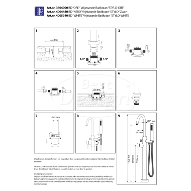 "Stylo-White" vrijstaande badkraan H=98 cm RVS mat-wit - Artikelnr.: 4005340