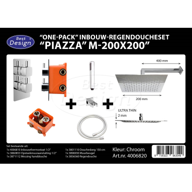 "One pack" inbouw-regendoucheset & Inb.box "Piazza vierkant M-200x200" - Artikelnr.: 4006820
