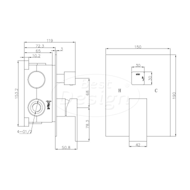 Chrome "Monte" inbouw douchemengkraan + omstel 2 functies incl.Inb box - Artikelnr.: 4006230