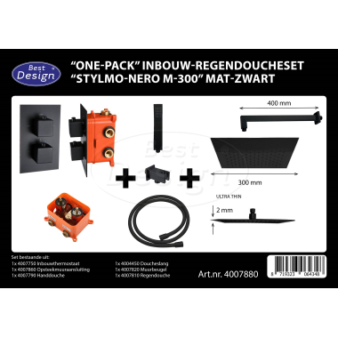 "One-Pack" inbouw-regendoucheset "Stylmo-Nero M-300" Mat-Zwart - Artikelnr.: 4007880