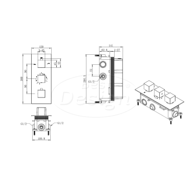 "Sano" inbouw thermostaat & Inb.box 3 weg 1/2" vierkante knoppen - Artikelnr.: 4007480