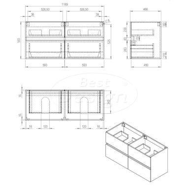 "Bora-Wit-Greeploos" meubel onderkast 4 laden zonder wastafel 120 cm Glans-Wit - Artikelnr.: 4005510