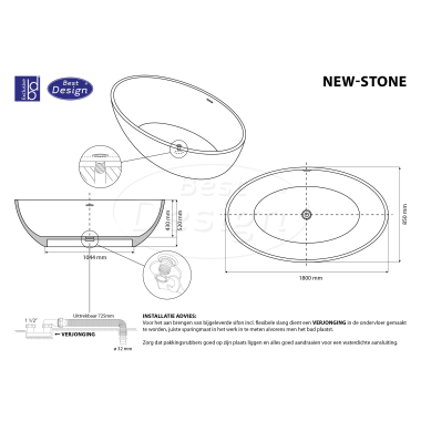 "New-Stone" vrijstaand bad "Just-Solid" 180x85x52cm - Artikelnr.: 3840300
