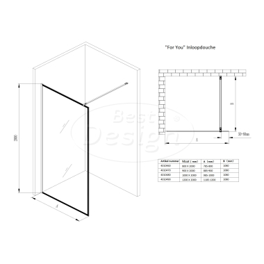 "For-You 800" Zwart inloopdouche Walk-In 800x2000x8mm - Artikelnr.: 4010460