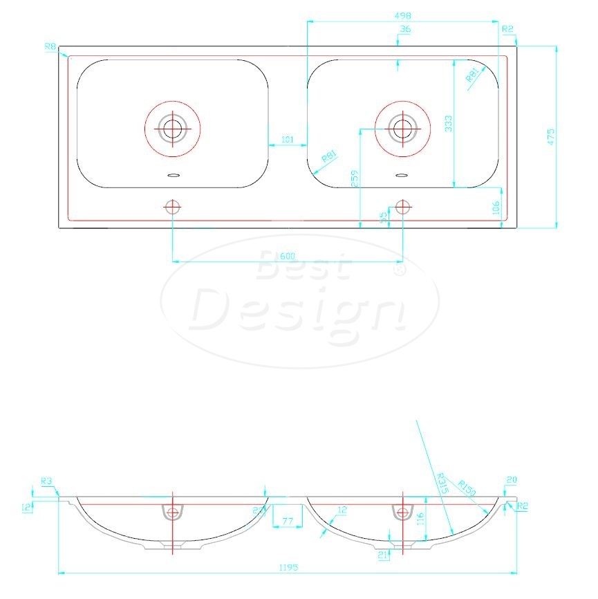 "Bora" Espresso-Brown onderkast + duo wastafel met 2 kraangaten 120cm - Artikelnr.: 4030320