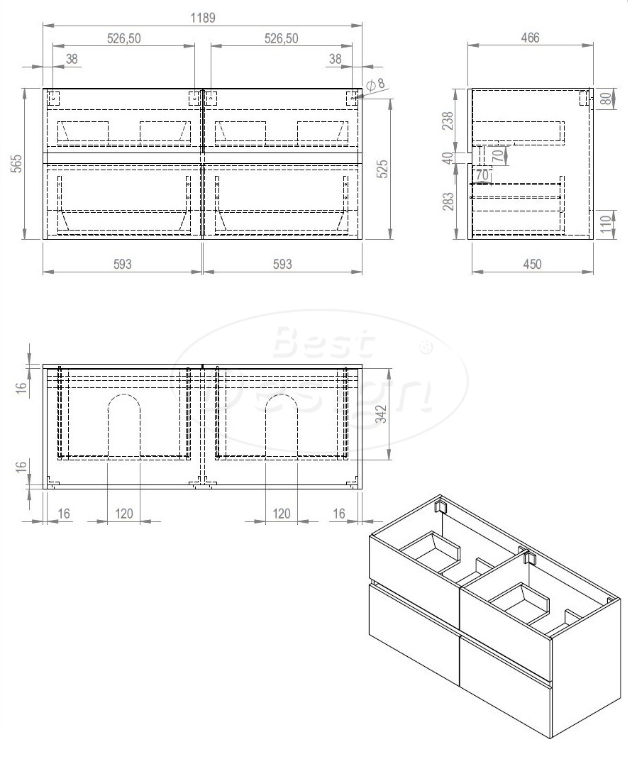 "Bora" Espresso Brown onderkast + duo wastafel zonder kraangaten 120cm - Artikelnr.: 4030310