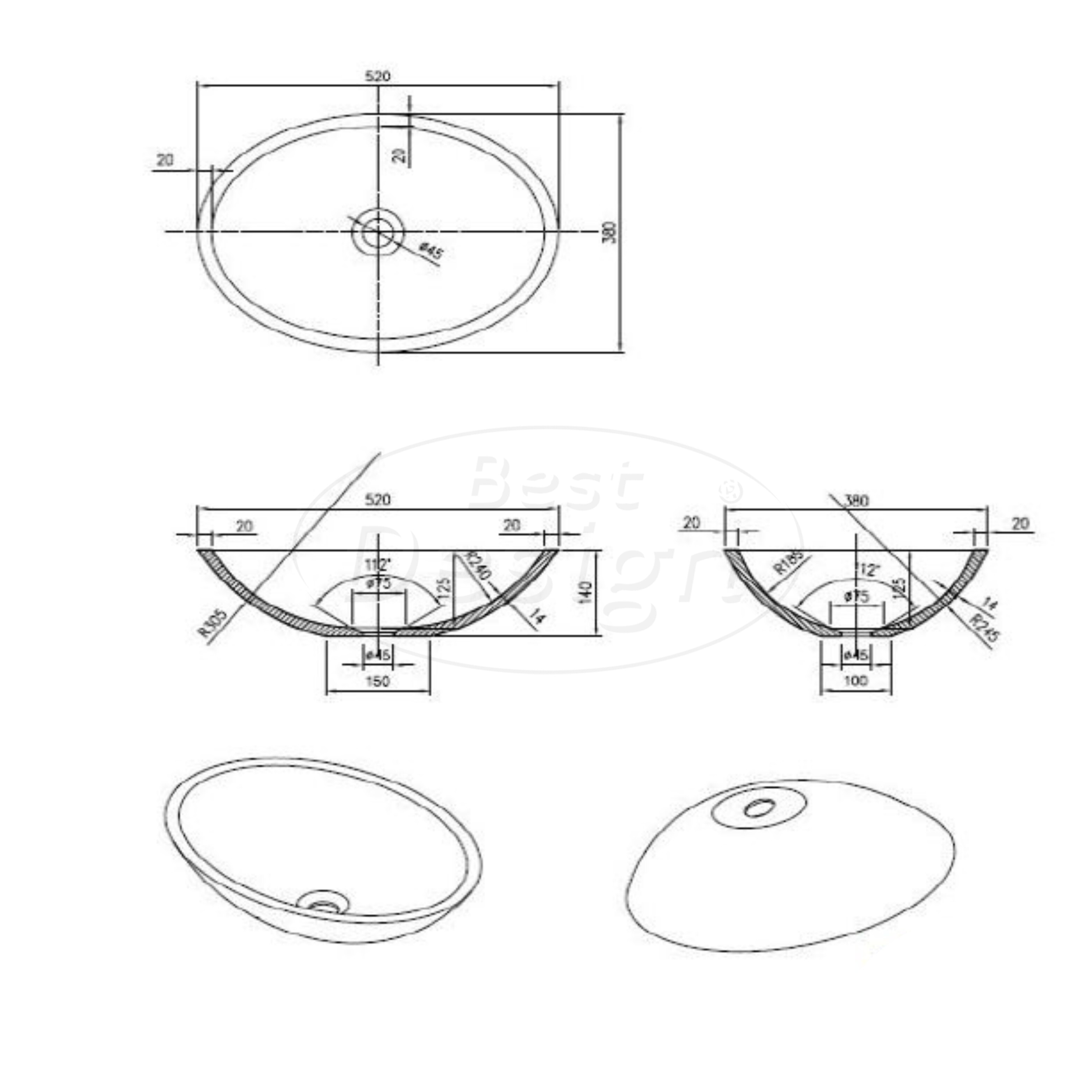 Color "Diamond" opbouw waskom 52 x 38 x 14,5 cm - Artikelnr.: 4023910