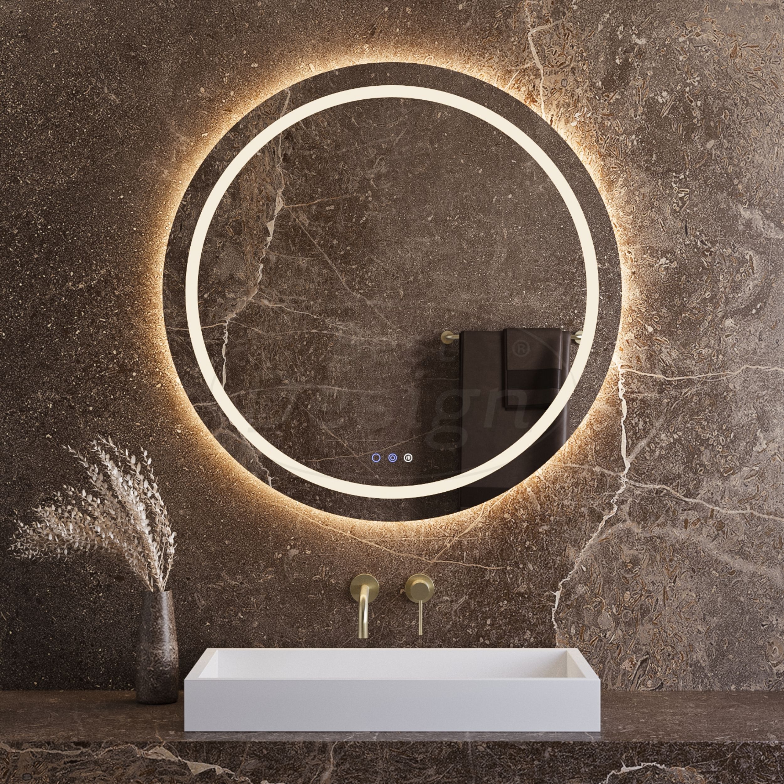 "Weissen" ronde spiegel incl.verwarming, 3 kleuren Direct & Indirect LED verlichting, dimbaar Ø 60 cm - Artikelnr.: 4025750