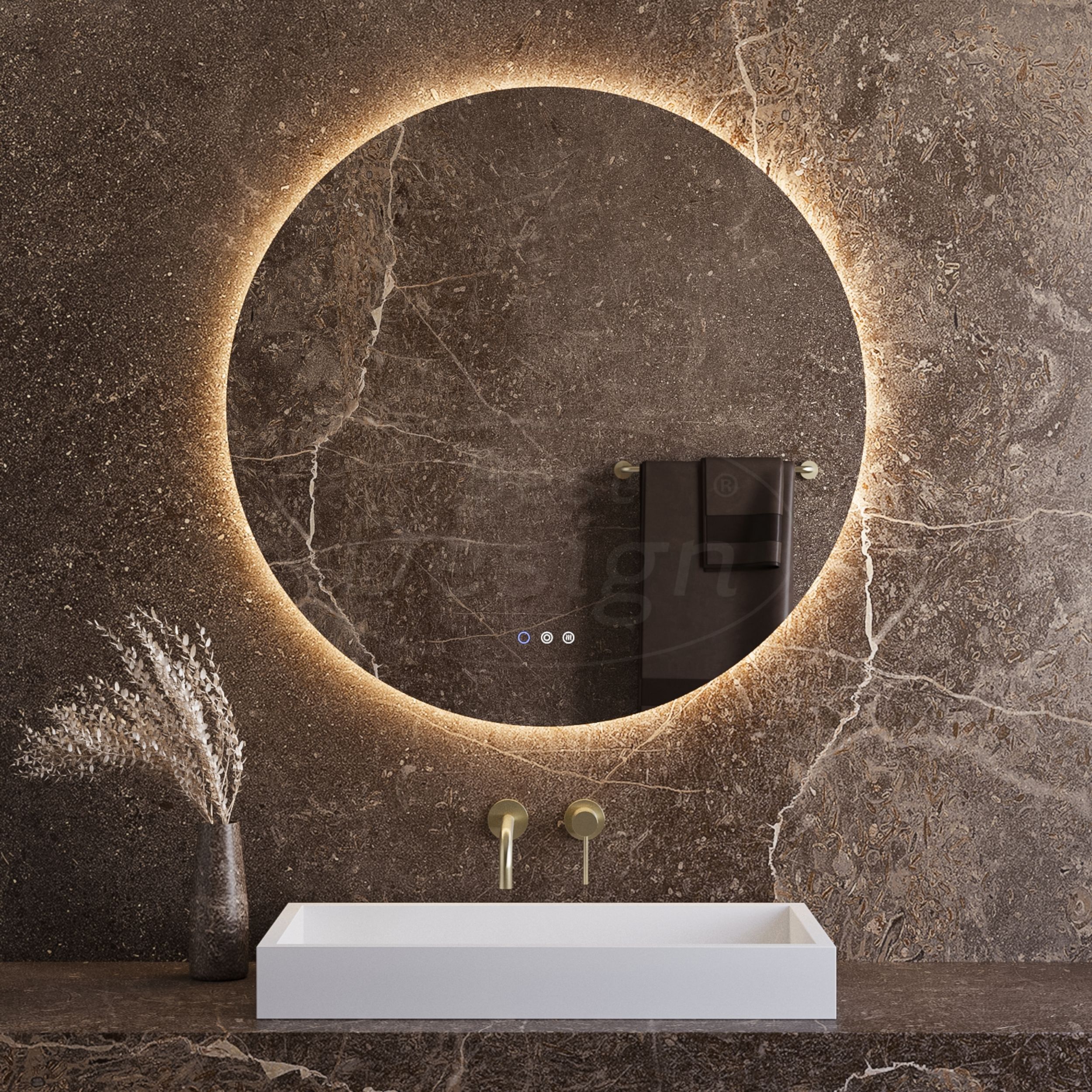 "Weissen" ronde spiegel incl.verwarming, 3 kleuren Direct & Indirect LED verlichting, dimbaar Ø 60 cm - Artikelnr.: 4025750