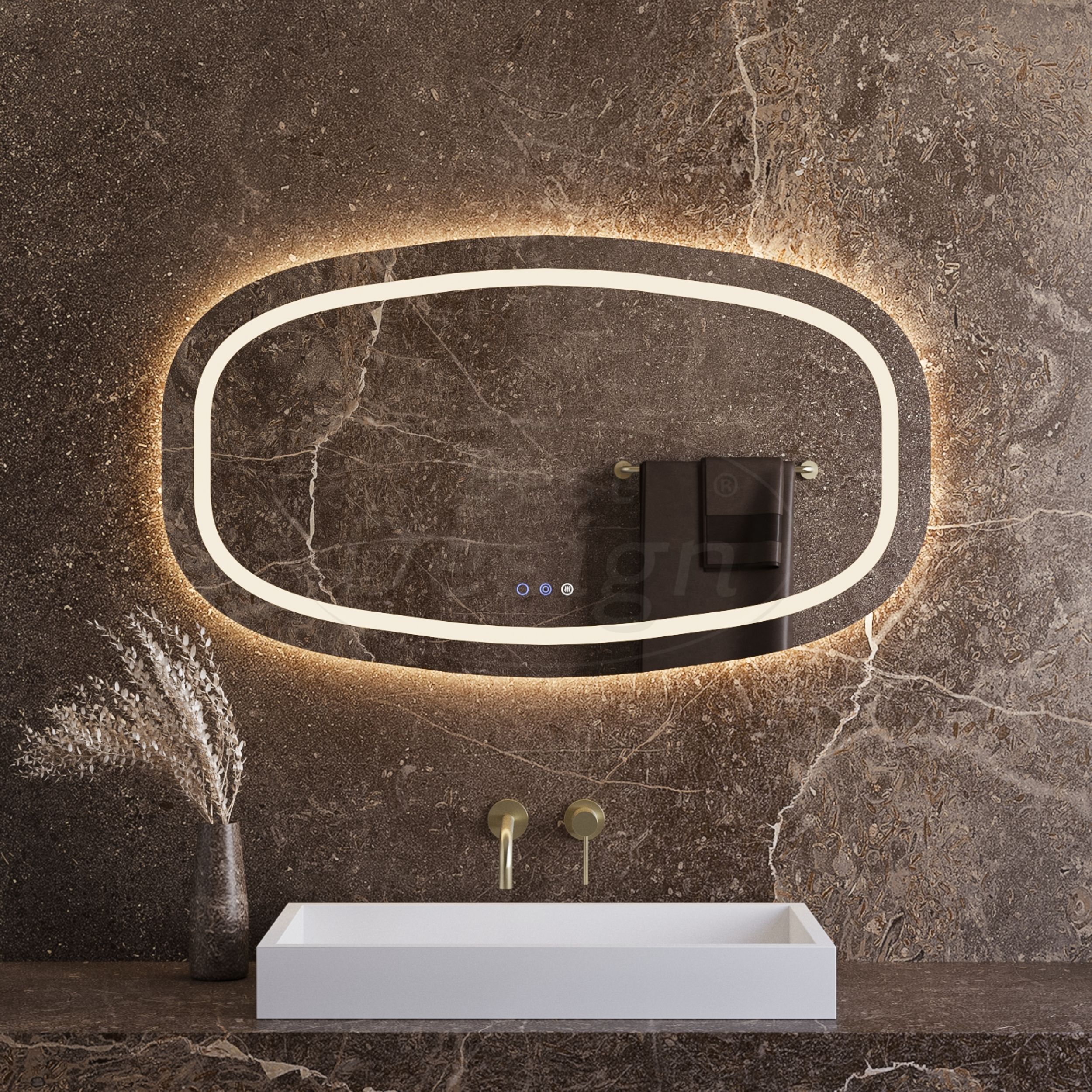 "Baunach" Deens-Ovaal spiegel incl.verwarming, 3 kleuren Direct & Indirect LED verlichting, dimbaar 120 x 70 cm - Artikelnr.: 4025810