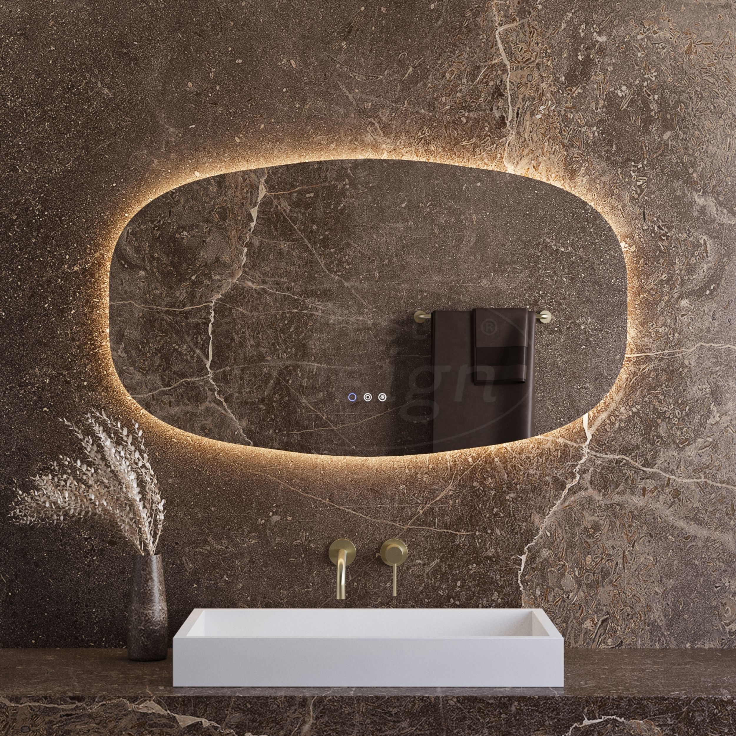 "Baunach" Deens-Ovaal spiegel incl.verwarming, 3 kleuren Direct & Indirect LED verlichting, dimbaar 120 x 70 cm - Artikelnr.: 4025810