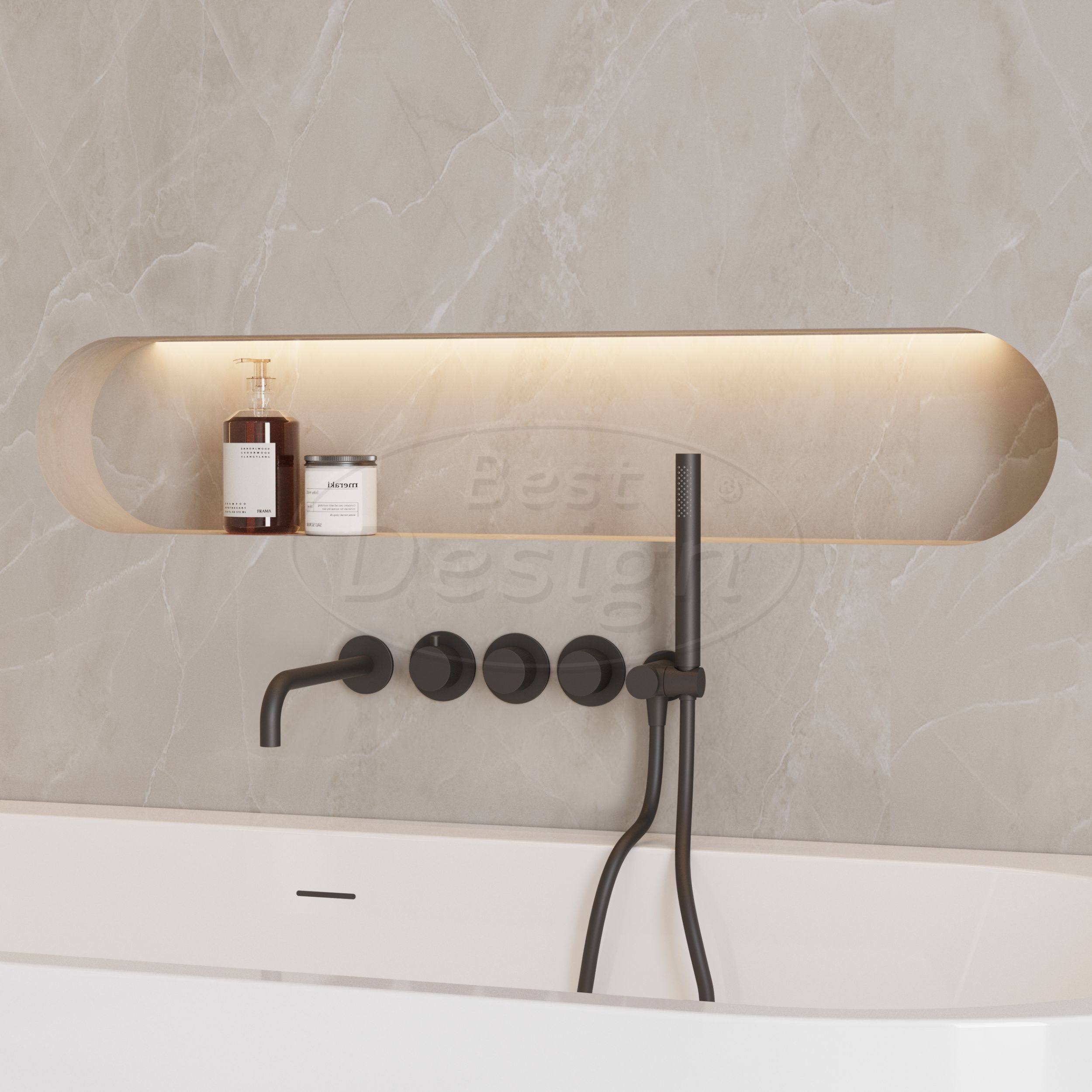 "High-End-Nero" RVS-304 thermostatische inbouw badkraan met uitloop en handdoucheset mat-zwart - Artikelnr.: 4026500