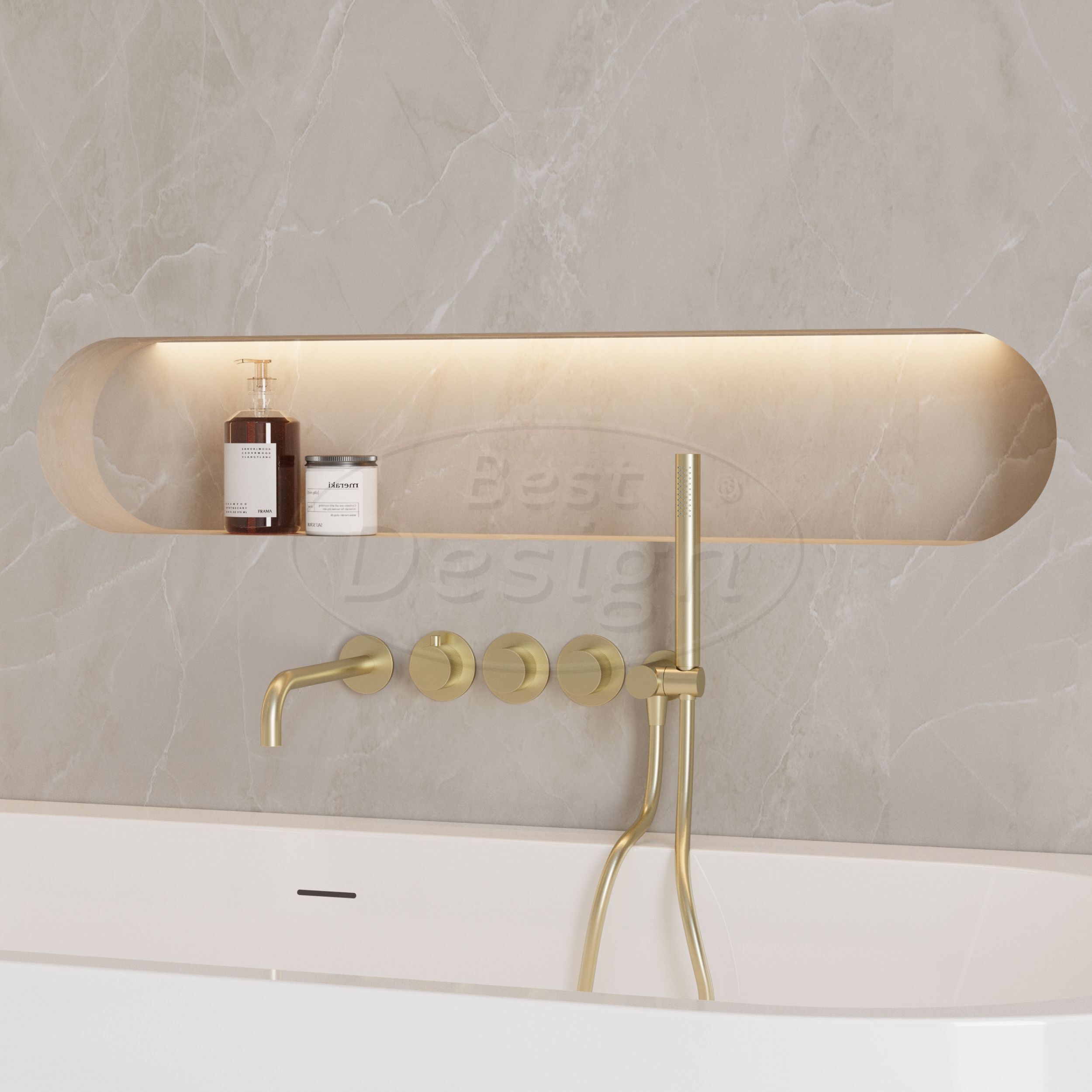 "High-End-Nancy" RVS-304 thermostatische inbouw badkraan met uitloop en handdoucheset mat-goud - Artikelnr.: 4026520