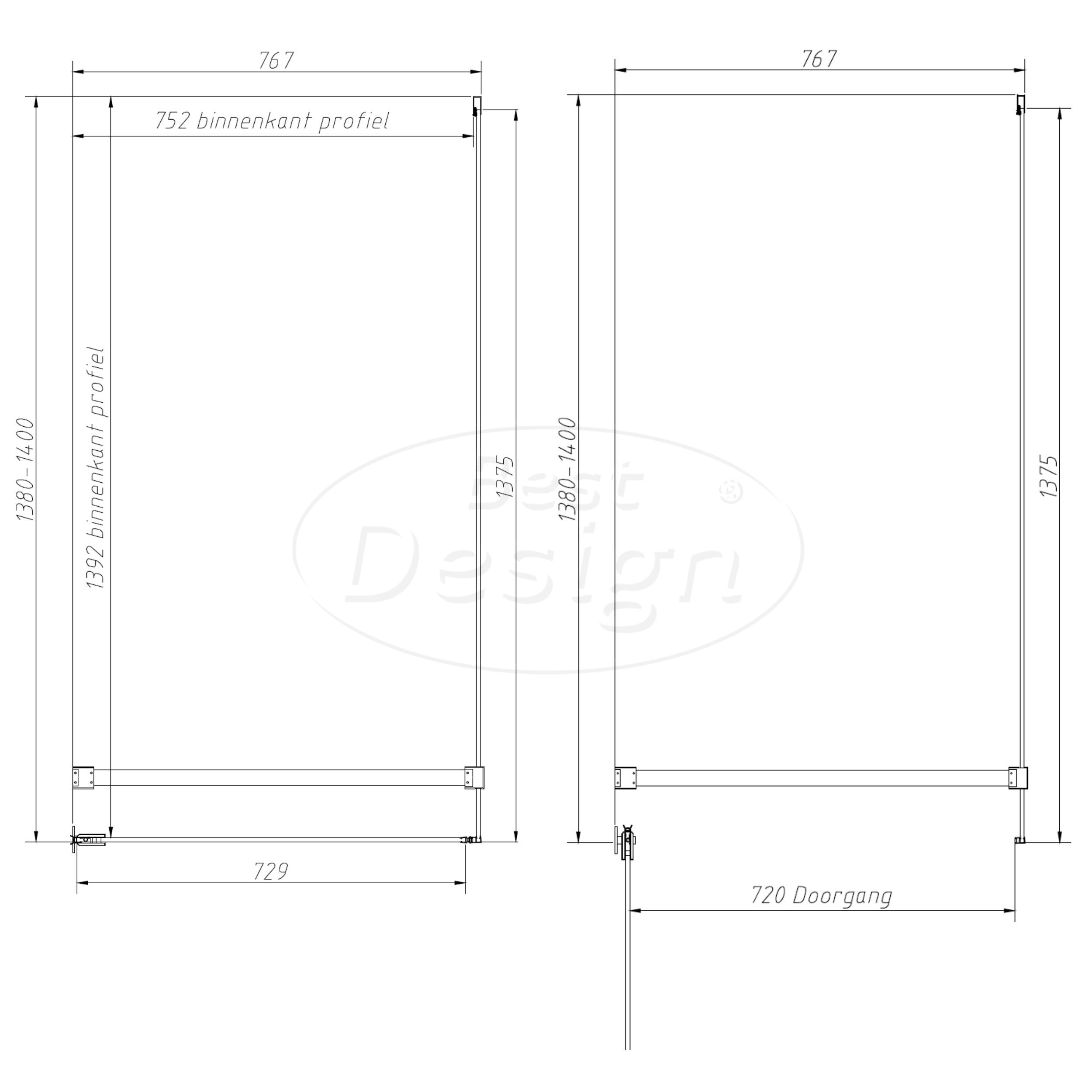 'Dalis-Nero-Helder' douchecabine NANO 8mm glas 140 x 80 cm - Artikelnr.: 4028610