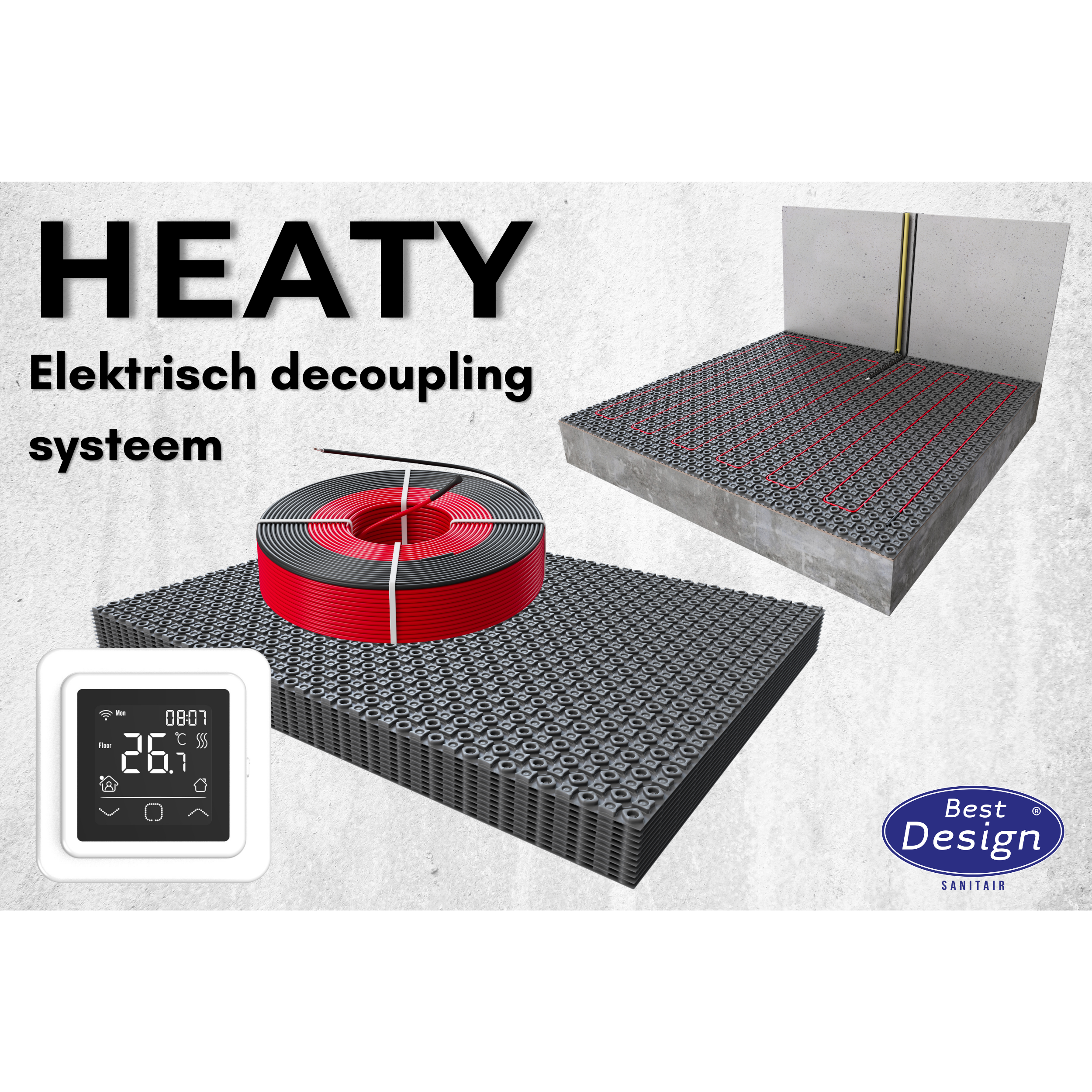 "Heaty-Decoupling systeem" 1,5 M2 plaat / 1 M2 verwarmd 150 Watt incl. witte thermostaat - Artikelnr.: 4032530 "Heaty-Decoupling systeem" 1,5 M2 plaat / 1 M2 verwarmd 150 Watt incl. witte thermostaat - Artikelnr.: 4032530